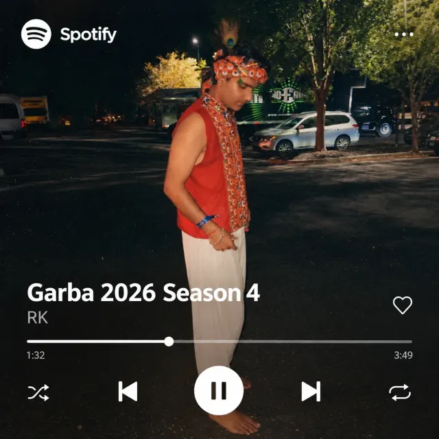 Haitish in a red vest and festive headband, styled as a Spotify player showing Garba 2026 Season 4
